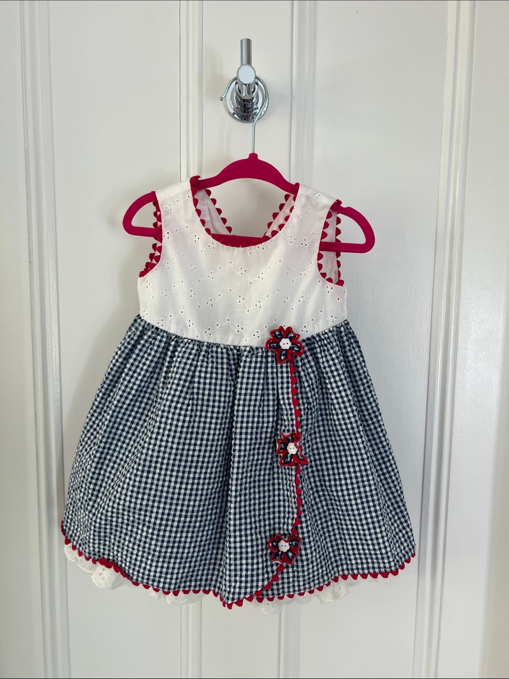 Bonnie Baby Navy Gingham & White Eyelet Dress with Red Trim